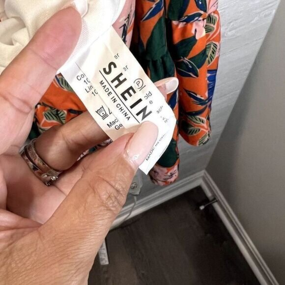 Shein Floral Print Lantern Sleeve Cut Out Asymmetrical Neck Ruffle Hem - Picture 12 of 12